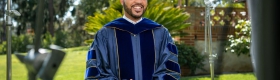 A photo of D’Artagnan Scorza filming his address to the UCLA College’s class of 2021.