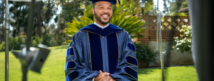 A photo of D’Artagnan Scorza filming his address to the UCLA College’s class of 2021.