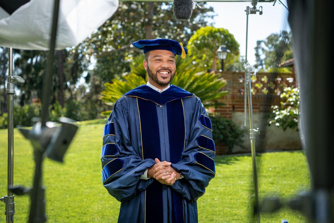 A photo of D’Artagnan Scorza filming his address to the UCLA College’s class of 2021. 