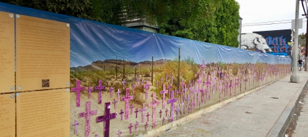 To try to balance against the stark brutality of the numbers, the crosses are shrouded in a color filter of soft pink and purple to represent the fight of international feminism against gender violence.