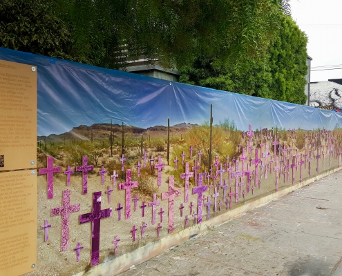 To try to balance against the stark brutality of the numbers, the crosses are shrouded in a color filter of soft pink and purple to represent the fight of international feminism against gender violence.