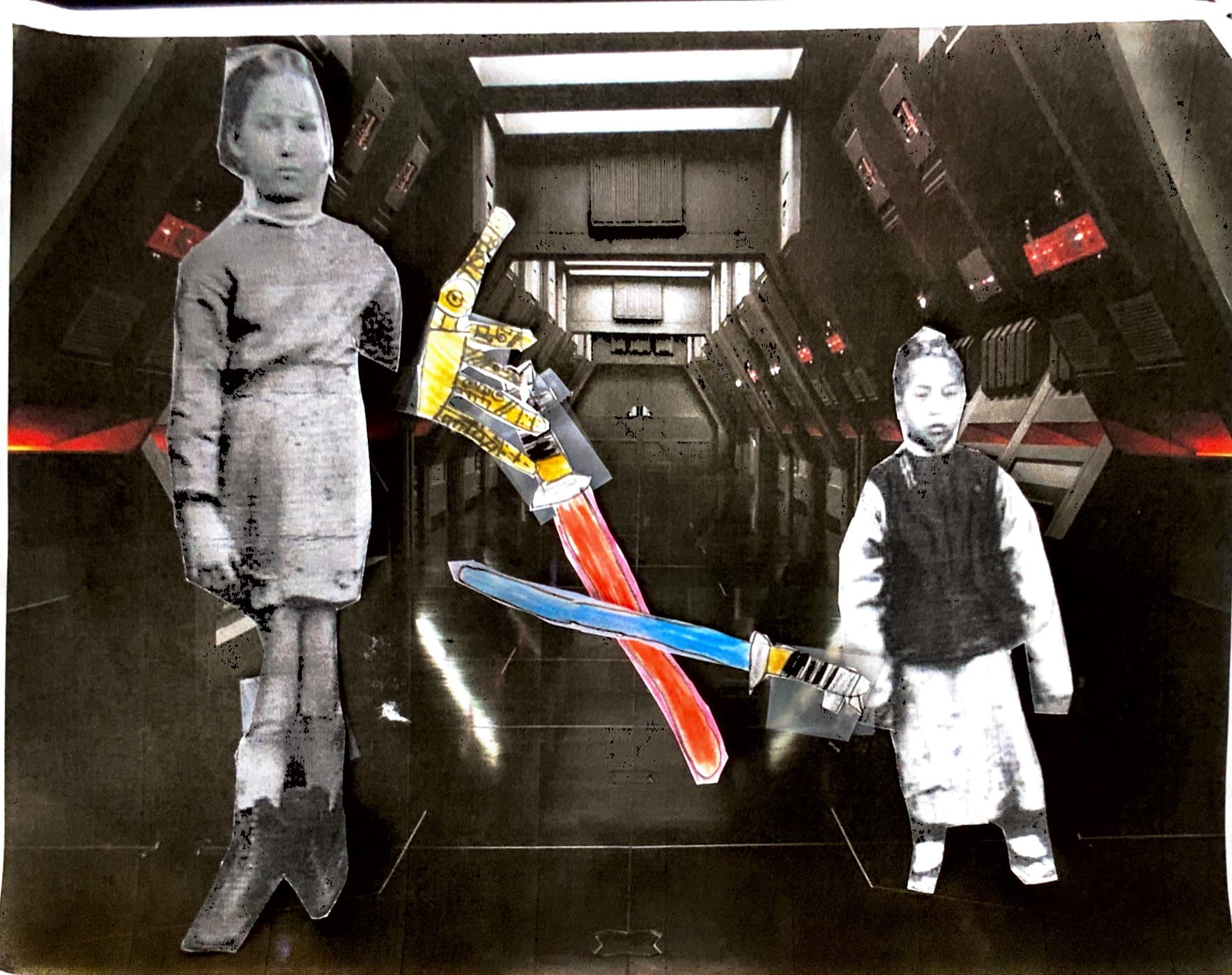 Participant Rami Gross remixed archival photos to tell his own, speculative history using an image of Margarita Reyes, daughter of Jose Isidro Reyes and Maria Antonio Villa de Reyes who owned a large tract of land in Orange County during the 19th century (from UC Irvine Library, ca 1875) engaged in a lightsaber duel on the Death Star with "A youngster wearing traditional Chinese clothing" standing next to a Chinese banner in Chinatown (from LA Public Library, ca 1900). “One of the things we asked the students to think about is what kinds of images we have in the archives and how they're described,” says Professor Marissa López. “Why do we know Margarita's name but the youngster is just a ‘youngster’? What does it mean to see and be seen, to be named or unnamed in the historical record?”