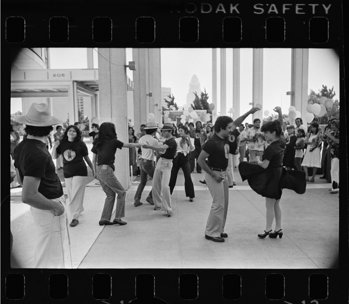 “Zoot Suit” cast dancing at the Mark Taper Forum “Zoot Suit” cast dancing at the Mark Taper Forum. Los Angeles Times Photographic Archive. Department of Special Collections, Charles E. Young Research Library, UCLA.