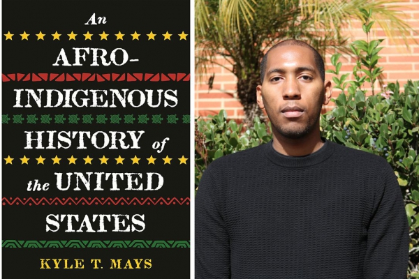 An image of Kyle Mays alongside his book cover
