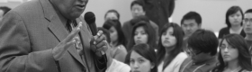 Image of Rev. James Lawson speaking to interns in the Dream Summer program, a fellowship opportunity for student immigrants and their allies.