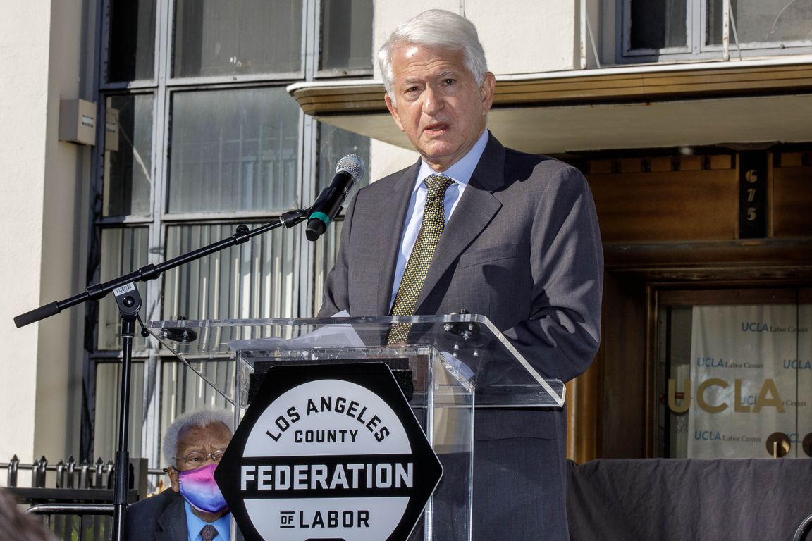 Image of Chancellor Gene Block speaking at the ceremony naming the building that houses the UCLA Labor Center in honor of the Rev. James Lawson Jr.