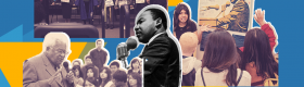 Graphic depicting an image of Martin Luther King Jr. as well as Rev. James Lawson and UCLA students