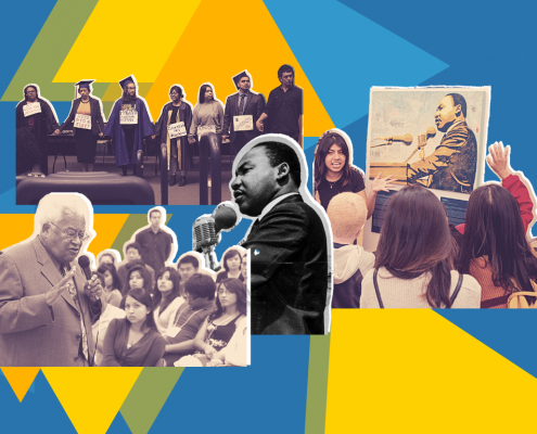 Graphic depicting an image of Martin Luther King Jr. as well as Rev. James Lawson and UCLA students