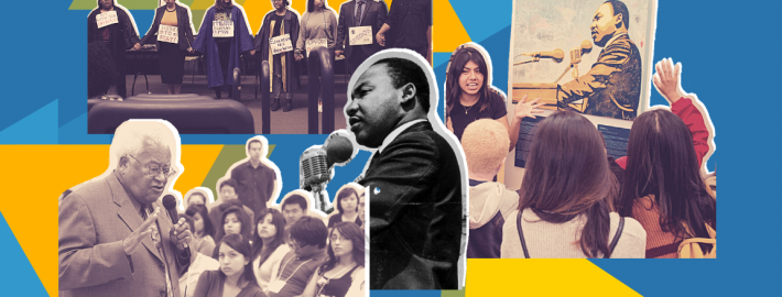 Graphic depicting an image of Martin Luther King Jr. as well as Rev. James Lawson and UCLA students