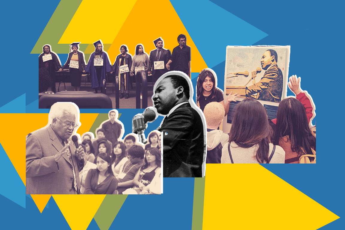 Graphic depicting an image of Martin Luther King Jr. as well as Rev. James Lawson and UCLA students