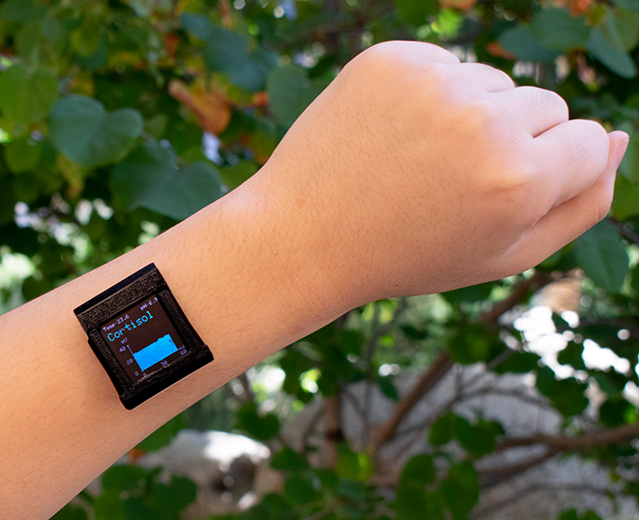 Image of smartwatch developed at UCLA that assesses cortisol levels found in sweat