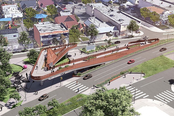 Overhead view of Destination Crenshaw’s Sankofa Park featuring designs for works by Maren Hassinger, Kehinde Wiley and Charles Dickson.