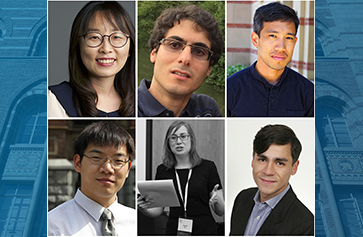 Collage image of the UCLA College’s 2022 Sloan Fellows. Top row from left: Seulgi Moon, David Baqaee, and Mikhail Solon. Bottom row from left: Chong Liu, Natalie Bau, and Guido Montúfar.