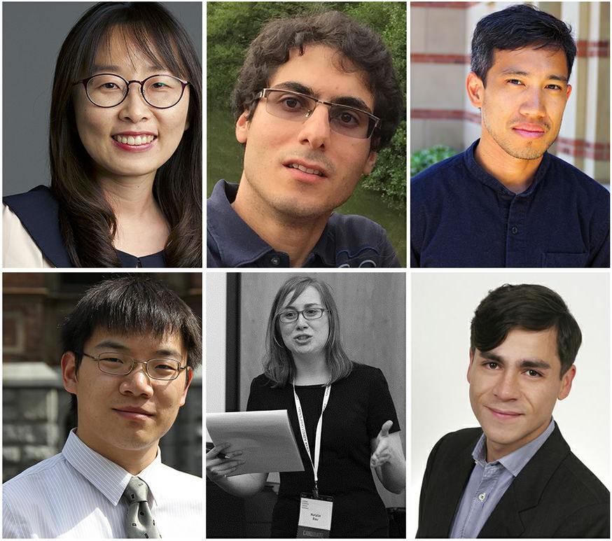 Collage image of the UCLA College’s 2022 Sloan Fellows. Top row from left: Seulgi Moon, David Baqaee, and Mikhail Solon. Bottom row from left: Chong Liu, Natalie Bau, and Guido Montúfar.