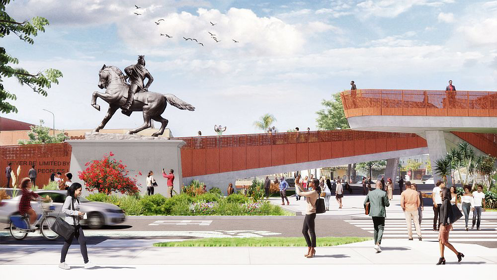 Image of Kehinde Wiley’s “Rumors of War” figure in the location of his planned Destination Crenshaw sculpture, which will be a bookend to “Rumors of War” and feature a female figure.