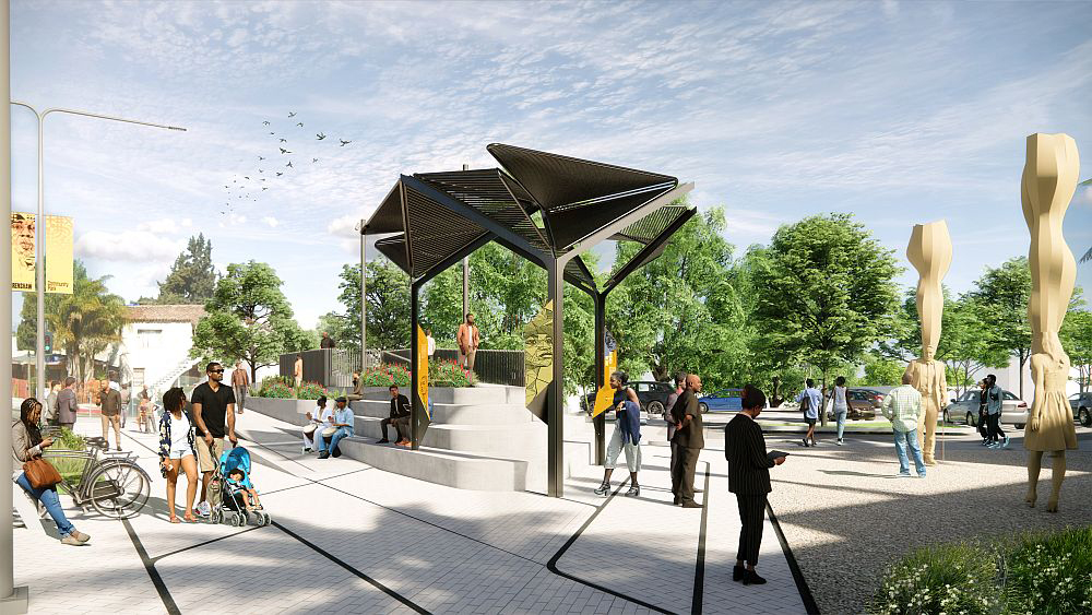 Image of Welcome Park at 50th Street featuring design for Alison Saar’s work “Bearing Witness.”