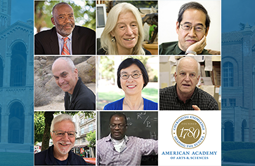 Image of eight UCLA College faculty members who were elected to the American Academy of Arts and Sciences (AAAS), alongside the AAAS logo.