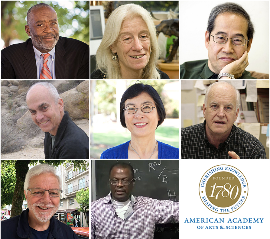 Image of eight UCLA College faculty members who were elected to the American Academy of Arts and Sciences (AAAS), alongside the AAAS logo.