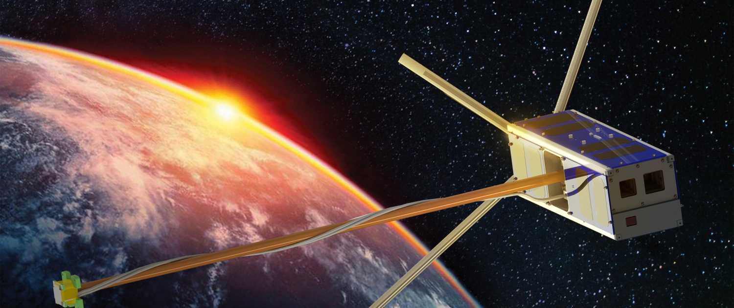 An artist’s rendering of one of UCLA’s bread loaf–sized ELFIN satellites in low-Earth orbit.