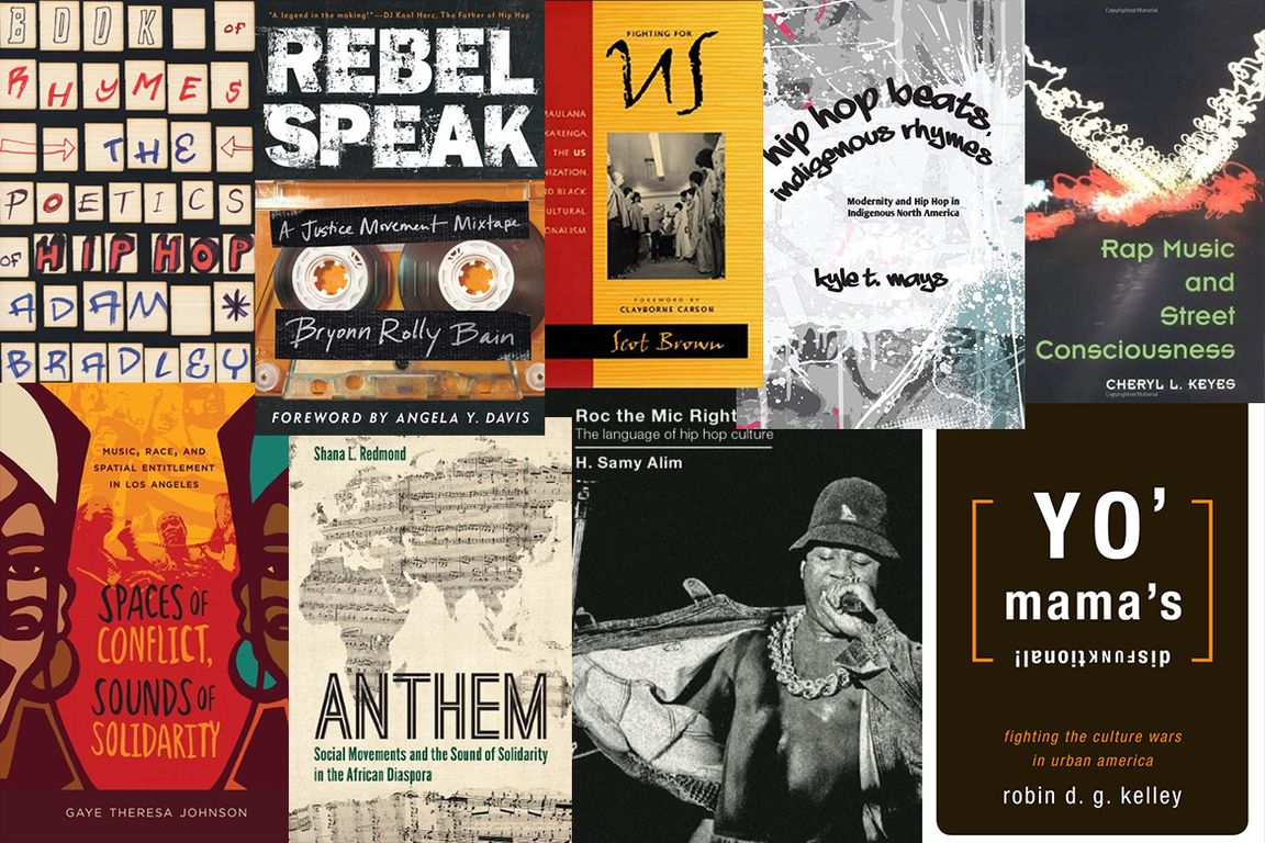 Collage image of the covers of books on hip-hop and Black culture by UCLA faculty members who will play an integral role in the new Hip Hop Initiative.