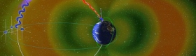 Image of electrons in a Van Allen radiation belt (blue) encountering whistler waves (purple) and being sent raining toward the north pole (red). THEMIS satellites are seen near the radiation belt, while UCLA’s ELFIN hovers above Earth.