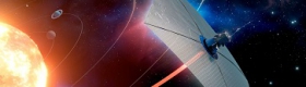 Illustration of a solar sail–propelled spacecraft leaving the solar system after a slingshot maneuver using the sun’s gravity to gain speed.