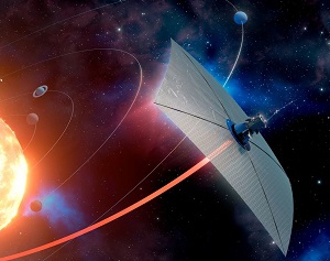 Illustration of a solar sail–propelled spacecraft leaving the solar system after a slingshot maneuver using the sun’s gravity to gain speed.