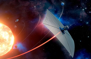 Illustration of a solar sail–propelled spacecraft leaving the solar system after a slingshot maneuver using the sun’s gravity to gain speed.