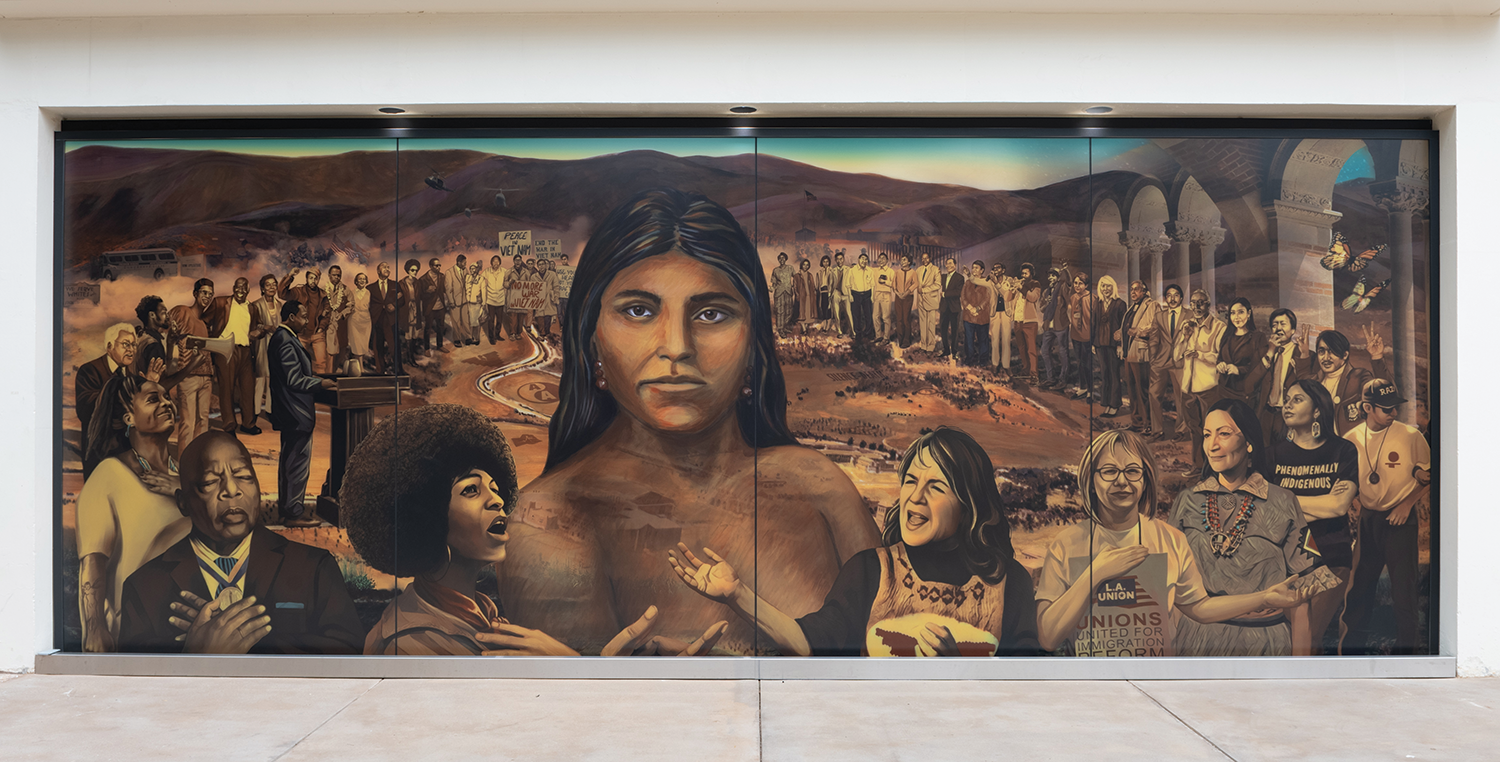 Image of the mural, “La Memoria de la Tierra: UCLA,” with the middle panel showing Toypurina, Angela Davis, and Dolores Huerta.