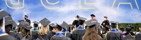 Image of UCLA students at commencement, beneath gold lettering reading "UCLA" on a blue background