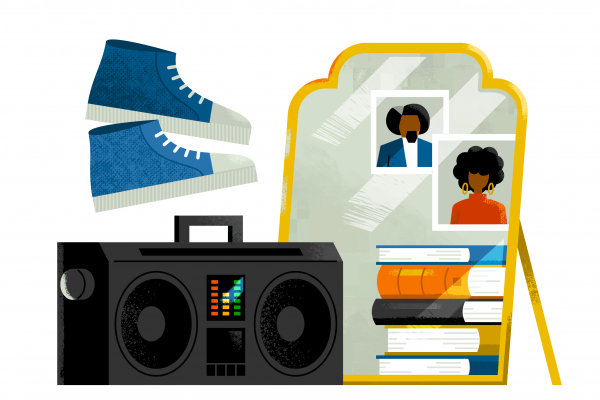 An illustration of objects representing a student who is a world arts and cultures/dance and public affairs double major and African American studies minor. On the left side, the illustration depicts a radio and dance shoes, depicting the major; on the right side, the reflection of these objects in the mirror depicts books and historical figures, representing the minor.