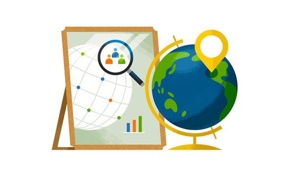 An illustration of objects representing the work of a professor of statistics who also created the social data science minor. On the right side, the illustration depicts a globe and a map pinpoint icon, representing statistics; on the left side, the reflection of these objects in the mirror depicts a map and graphs, representing social data science.