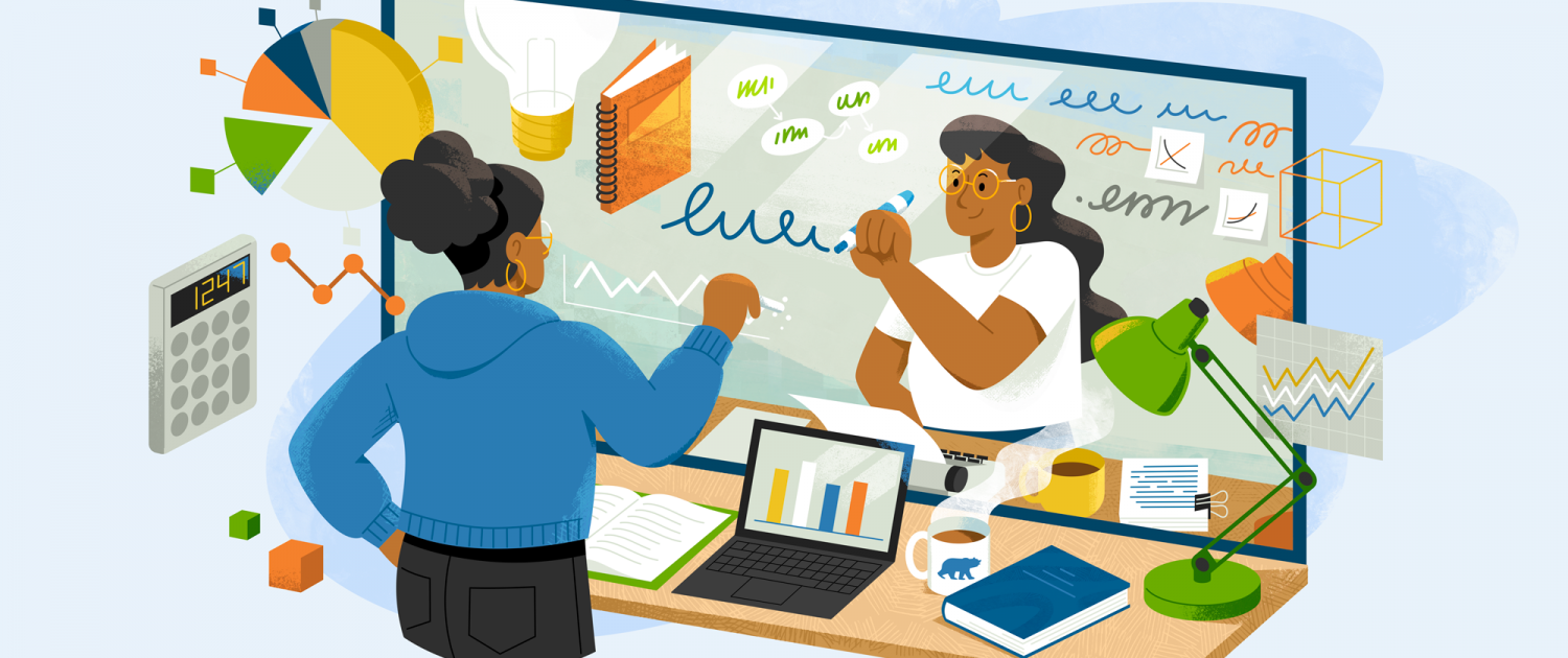 An illustration of a person looking in a mirror, representing a student who is a mathematics and economics double major and a professional writing minor. On the near side of the illustration, the student is looking at charts on a computer, and plotting statistics--but her reflection is working on a manuscript on a typewriter, and writing out text. Illustrations by Down the Street Designs.