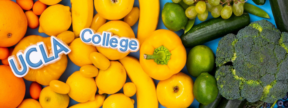 Image of colorful fruits and vegetables with the UCLA College logo spelled out in letters made of blue-and-white cookies