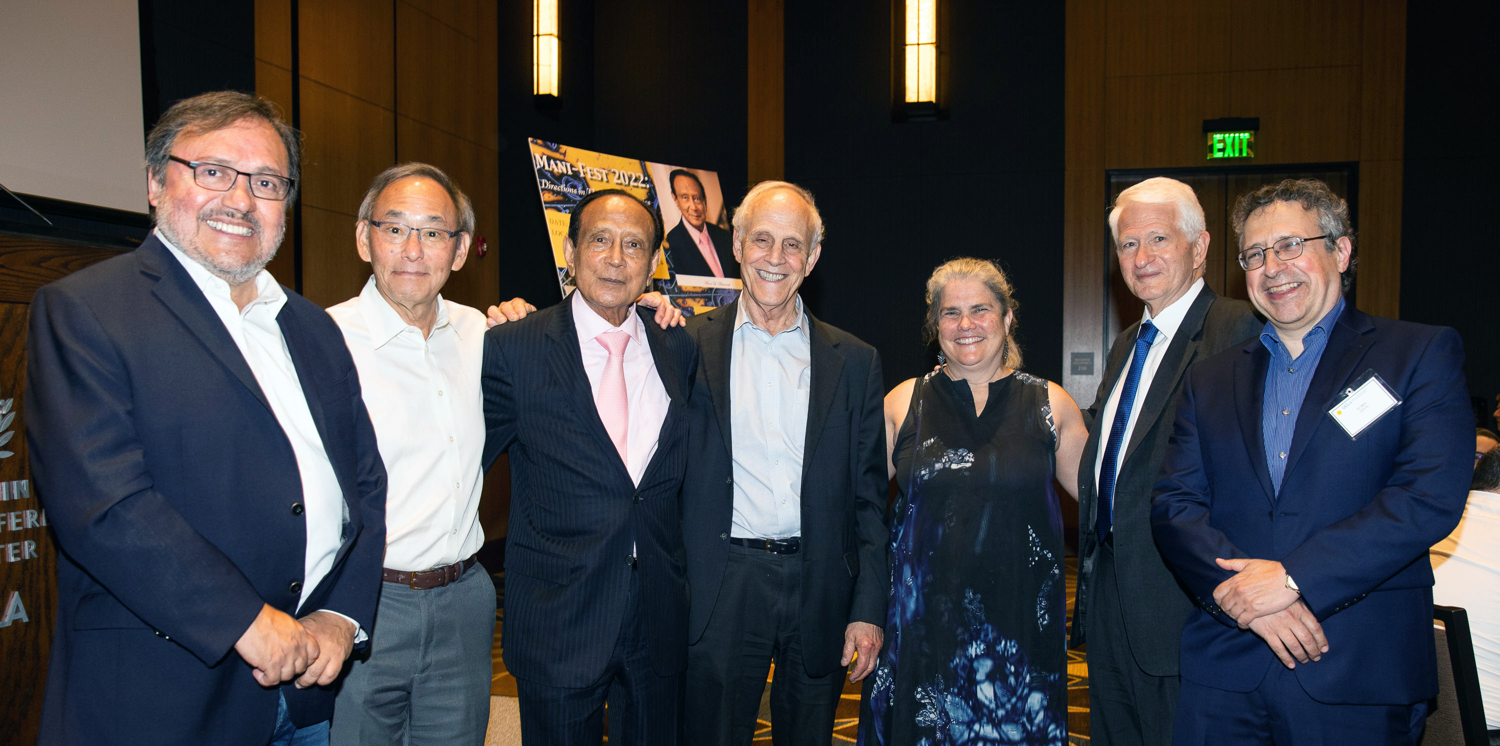 Group image of Miguel García-Garibay, dean of the UCLA Division of Physical Sciences; Steven Chu, Stanford’s William R. Kenan Jr. Professor of Physics and Professor of Molecular and Cellular Physiology, winner of the 1997 Nobel Prize in Physics and U.S. Secretary of Energy from 2009-2013; Mani L. Bhaumik, Institute founder, physicist and philanthropist; David Gross, UCSB’s Chancellor’s Chair Professor of Theoretical Physics at the Kavli Institute for Theoretical Physics and winner of the 2004 Nobel Prize in Physics; Andrea Ghez, UCLA's Lauren B. Leichtman & Arthur E. Levine Chair in Astrophysics and winner of the 2020 Nobel Prize in Physics; Gene D. Block, UCLA Chancellor; and Zvi Bern, director of the Mani L. Bhaumik Institute.