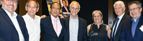Group image of Miguel García-Garibay, dean of the UCLA Division of Physical Sciences; Steven Chu, Stanford’s William R. Kenan Jr. Professor of Physics and Professor of Molecular and Cellular Physiology, winner of the 1997 Nobel Prize in Physics and U.S. Secretary of Energy from 2009-2013; Mani L. Bhaumik, Institute founder, physicist and philanthropist; David Gross, UCSB’s Chancellor’s Chair Professor of Theoretical Physics at the Kavli Institute for Theoretical Physics and winner of the 2004 Nobel Prize in Physics; Andrea Ghez, UCLA's Lauren B. Leichtman & Arthur E. Levine Chair in Astrophysics and winner of the 2020 Nobel Prize in Physics; Gene D. Block, UCLA Chancellor; and Zvi Bern, director of the Mani L. Bhaumik Institute.