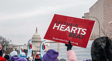 Image of a person in a crowd in front of the U.S. Capitol, holding a sign that reads: "Let their hearts beat."