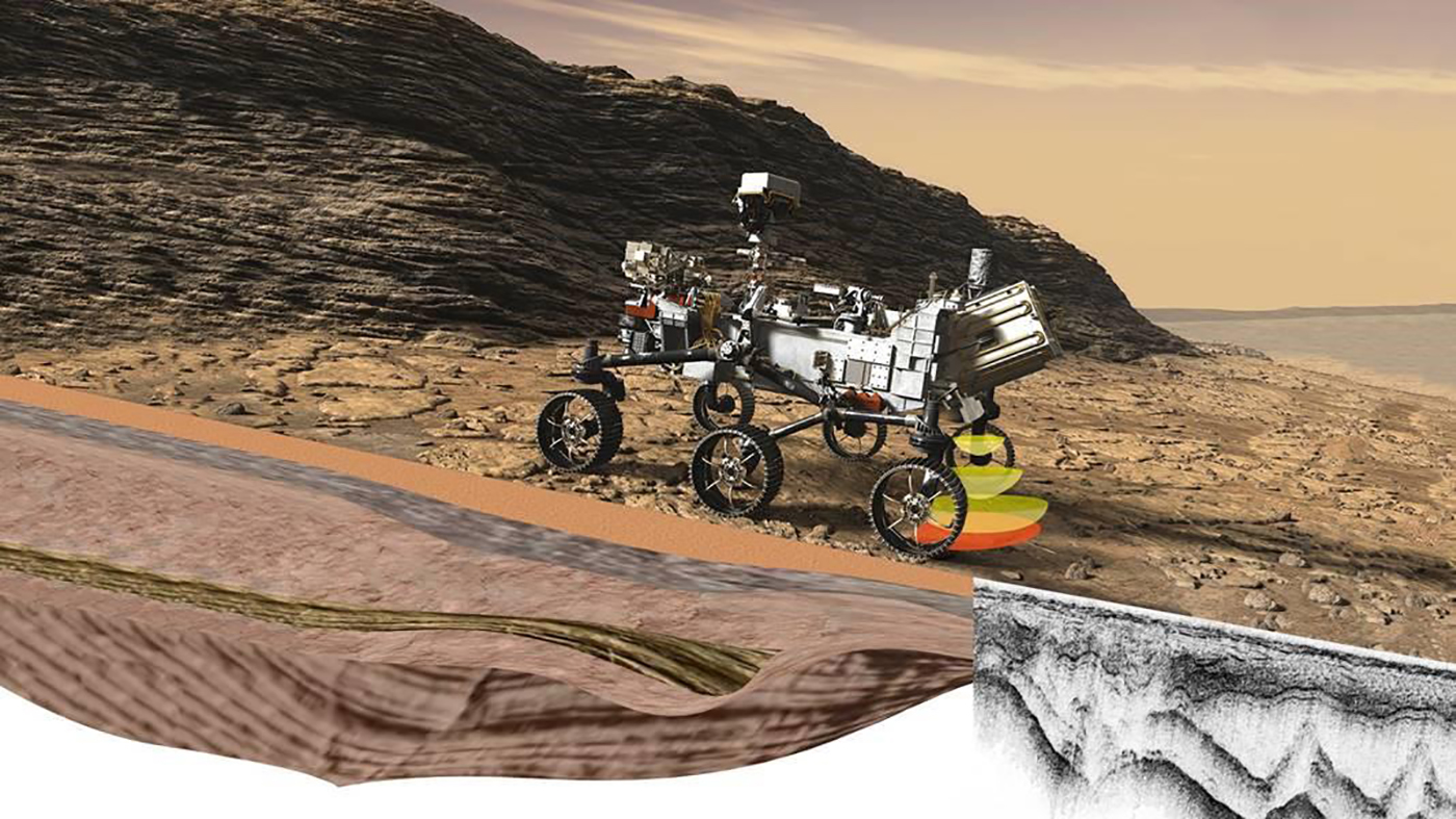 Rendering of Perseverance, whose RIMFAX technology is exploring what lies beneath the Martian surface.