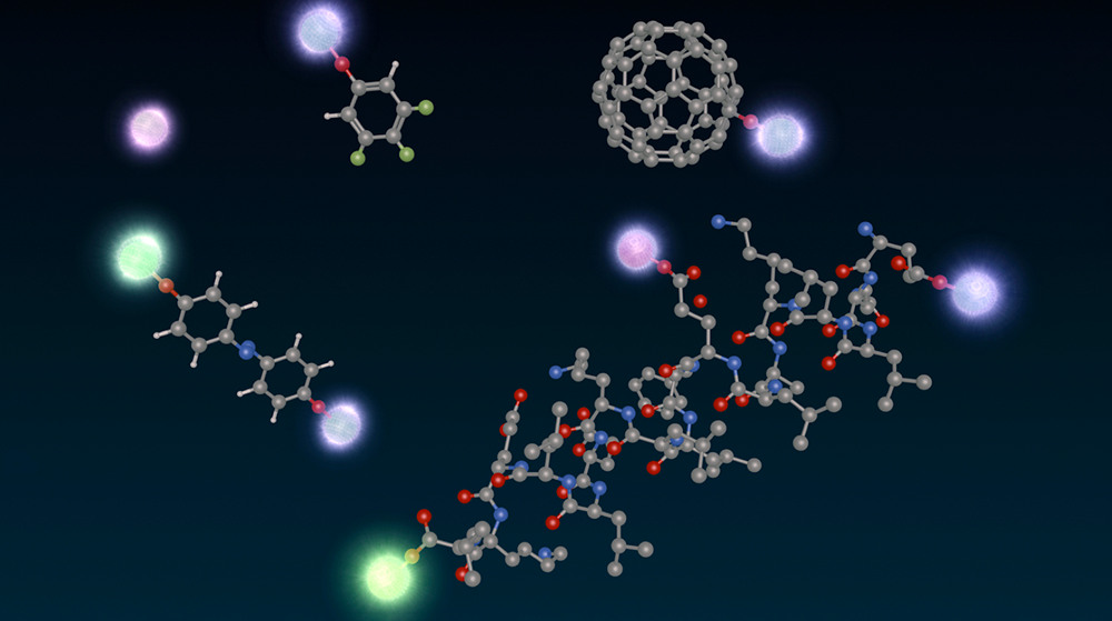 An artist’s representation shows the researchers’ quantum functional groups (brightly colored spheres) connecting with larger molecules.