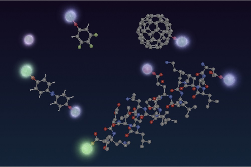 An artist’s representation shows the researchers’ quantum functional groups (brightly colored spheres) connecting with larger molecules.