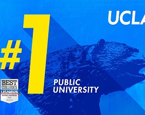 Image of a blue banner depicting the Bruin bear statue, with the text: UCLA #1 Public University