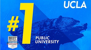 Image of a blue banner depicting the Bruin bear statue, with the text: UCLA #1 Public University