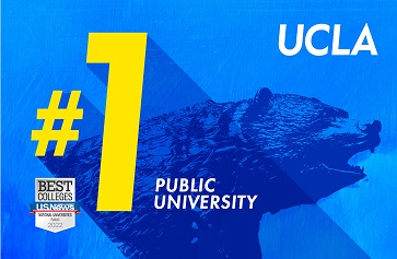 Image of a blue banner depicting the Bruin bear statue, with the text: UCLA #1 Public University