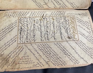 Image of Manuscript of religious commentary. In this image, al-Taftāzānī’s sharḥ (commentary) on al-Nasafī’s al-ʿAqāʾid al-Nasafīyya (the creed of an-Nasafī) can be seen within the textblock. In the marginalia and between the text, glosses on this commentary and intertextual references by several different scholars can be found.