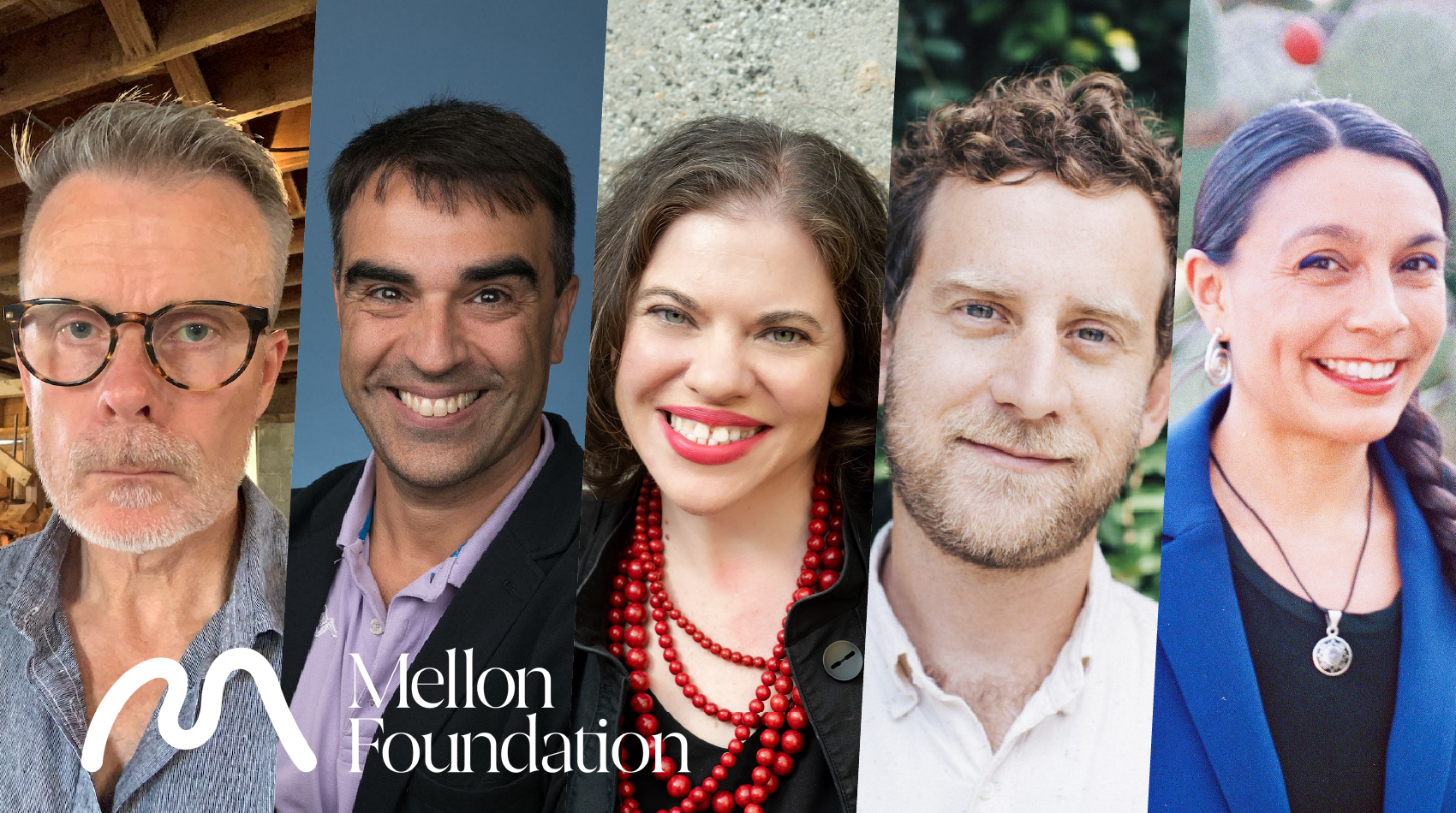 Collage image of UCLA professors David MacFadyen, Davide Panagia, Miriam Posner, Nick Shapiro and Veronica Terriquez, recipients of the inaugural “Data, Justice and Society” course development grants from The Andrew W. Mellon Foundation.
