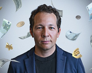 Photo illustration of Oleg Itskhoki surrounded by floating currencies