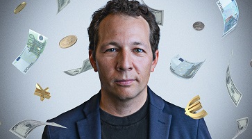 Photo illustration of Oleg Itskhoki surrounded by floating currencies