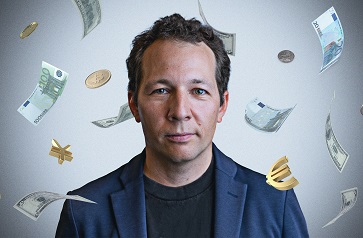 Photo illustration of Oleg Itskhoki surrounded by floating currencies