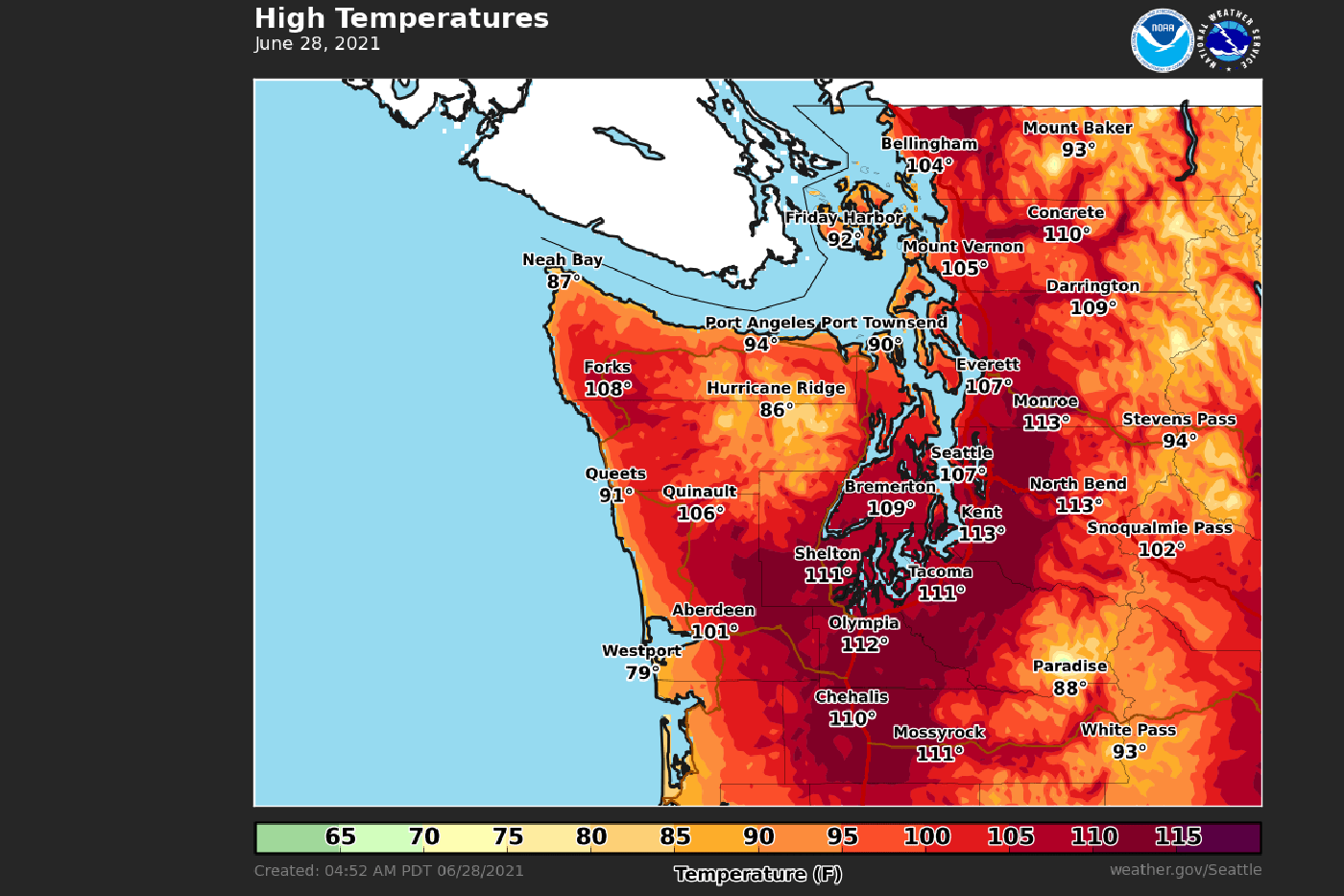 Washington state high temperatures map June 28, 21