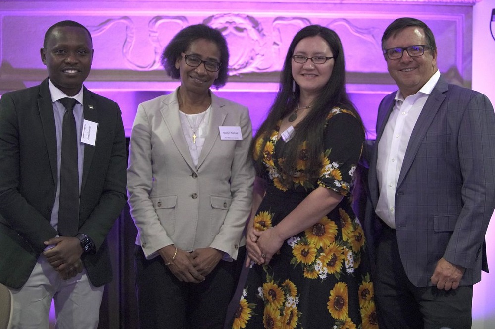 From left, Dysmus Kisilu with Marilyn Raphael of the UCLA Institute of the Environment and Sustainability, Pritzker Award finalist Tiana Williams-Clausen and Tony Pritzker at the 2022 Pritzker Emerging Environmental Genius Award ceremony.